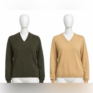 V-Neck Sweater in Olive Green and Beige two cashmere sweaters